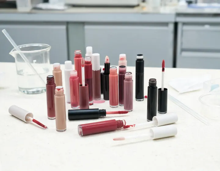 Liquid Lipstick Sourcing on a cosmetics bench, illustration only