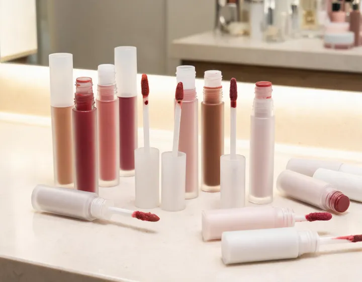 liquid lipstick matte on a cosmetics bench, illustration only