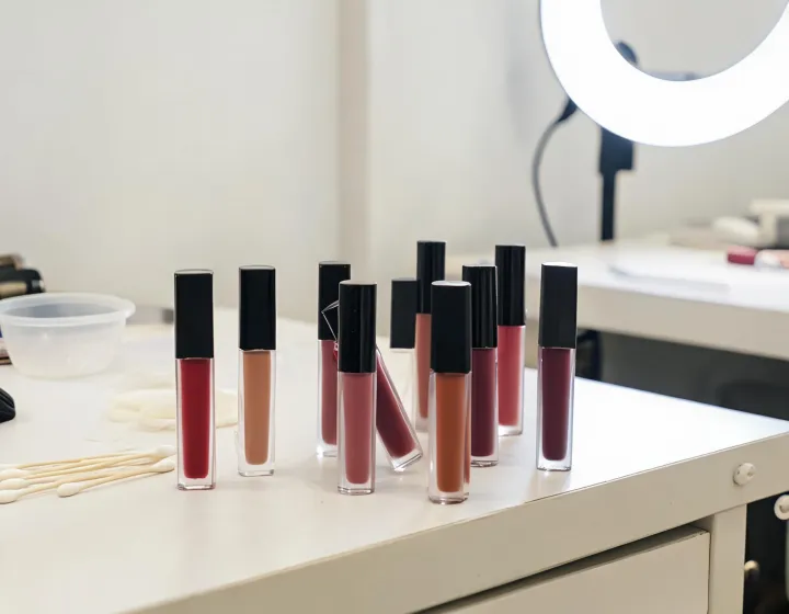 liquid lipstick matte on a cosmetics bench, illustration only